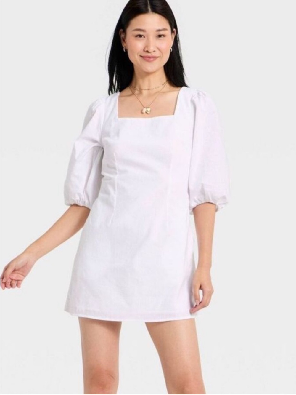 Women’s Square Neck Puff Sleeve Linen Mini Dress a new day